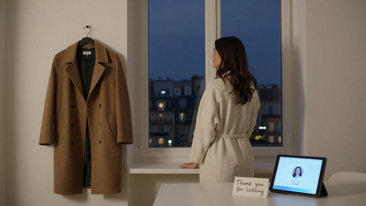 A woman standing by a window in a Paris apartment, client&#039;s coat on a hook, note on table saying &#039;Thank you for listening.&#039;