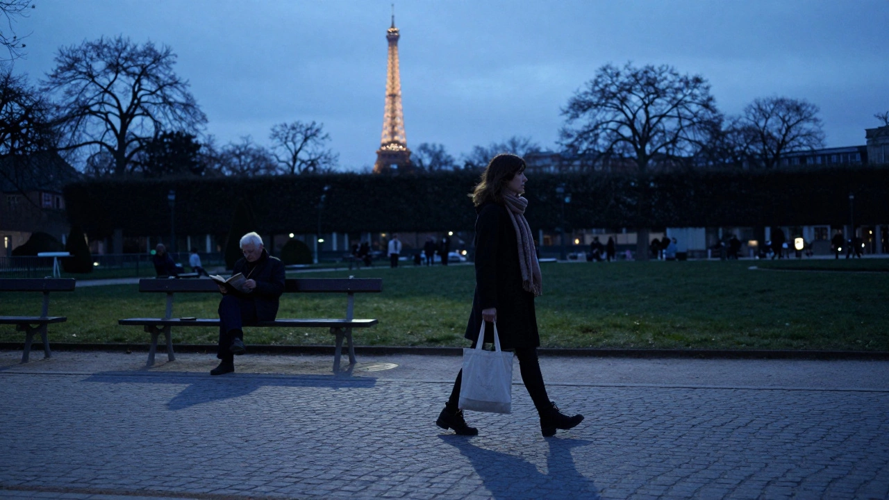 A woman walking alone through Luxembourg Gardens at twilight, Eiffel Tower faintly visible in the distance.