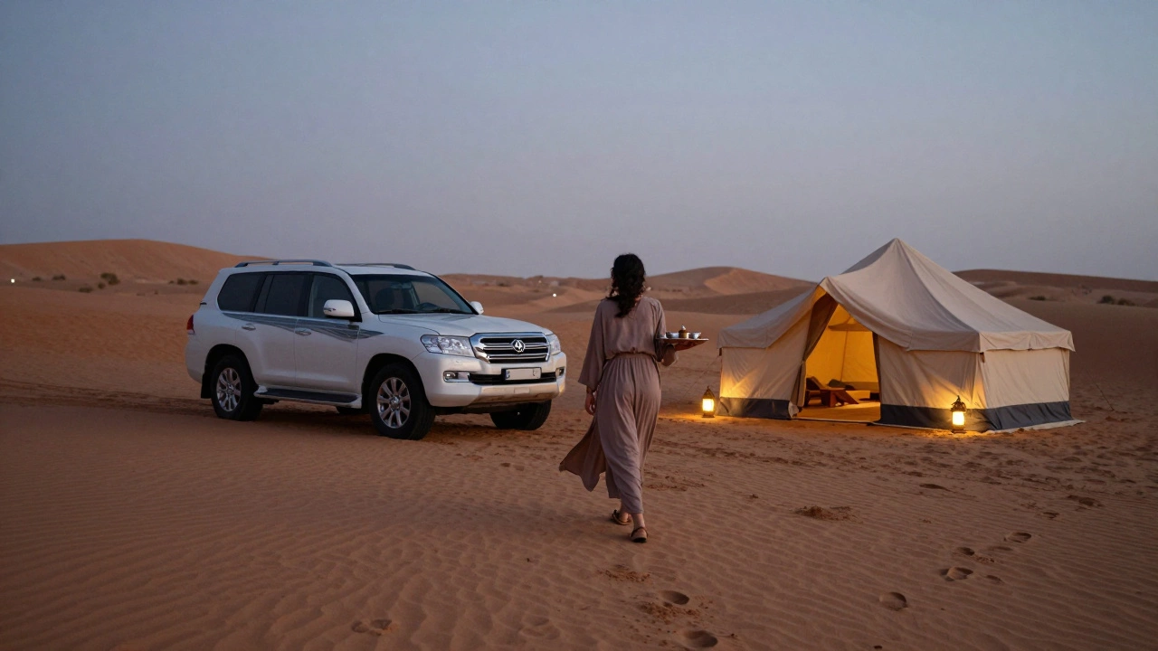 A woman walking toward a lantern-lit desert tent at dusk, footprints in the sand suggesting a private, respectful encounter away from the city.